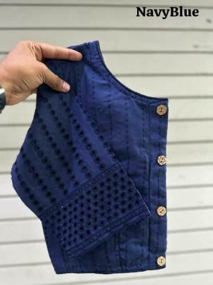 Navy Blue Color Jaipuri Goli Hakoba Boat Neck Ready made Blouse with Wooden Button
