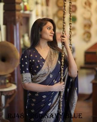 Navy Blue Copper Zari Weaving Work Banarasi Silk Saree