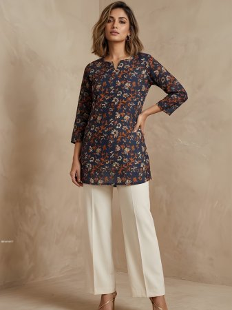 Navy Blue Cotton Blend Printed Top