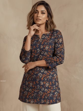 Navy Blue Cotton Blend Printed Top
