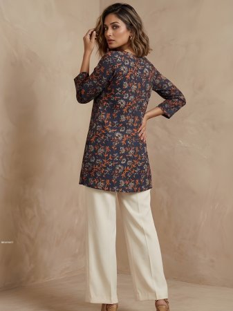 Navy Blue Cotton Blend Printed Top