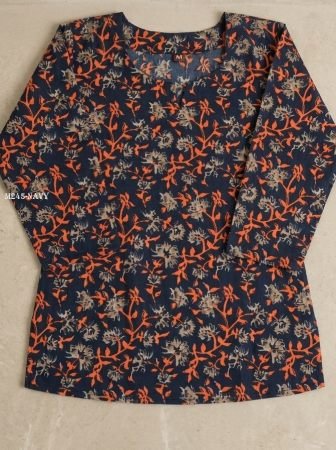 Navy Blue Cotton Blend Printed Top