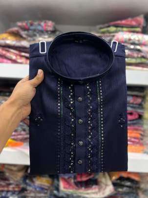 Navy Blue Festival Wear Designer Embroidery Work Silk Men Kurta With Payjama