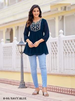 Navy Blue Georgette ladies Top With Embroidery Work