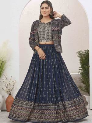 Navy Blue Georgette Readymade Lehenga With Jacket
