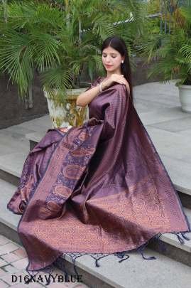 Navy Blue Gorgeous Zari Work Bnarasi Soft Silk Saree with Blouse