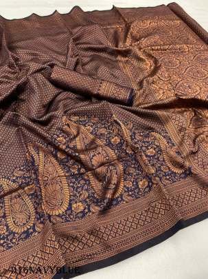 Navy Blue Gorgeous Zari Work Bnarasi Soft Silk Saree with Blouse