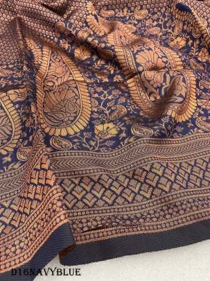 Navy Blue Gorgeous Zari Work Bnarasi Soft Silk Saree with Blouse