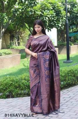 Navy Blue Gorgeous Zari Work Bnarasi Soft Silk Saree with Blouse