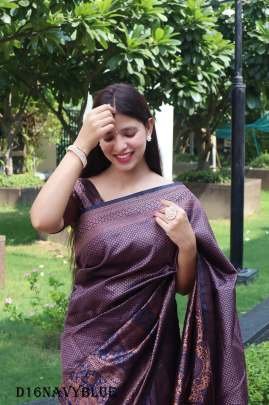 Navy Blue Gorgeous Zari Work Bnarasi Soft Silk Saree with Blouse