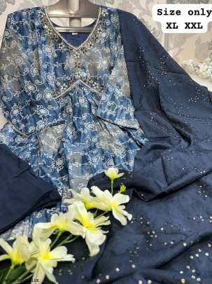 Navy Blue Hand Work Kurti Pant With Dupatta