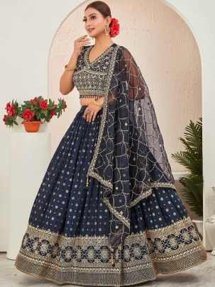 Navy Blue Jacquard Dola Silk Embroidered Lehenga Choli