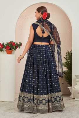 Navy Blue Jacquard Dola Silk Embroidered Lehenga Choli