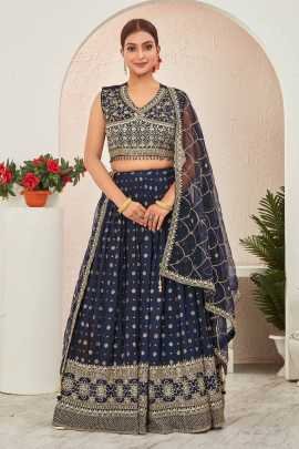 Navy Blue Jacquard Dola Silk Embroidered Lehenga Choli