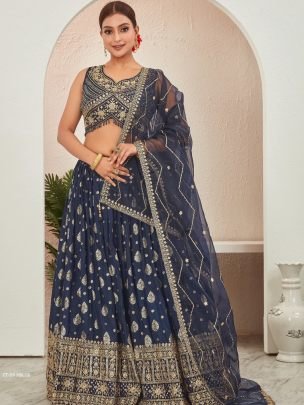 Navy Blue Jacquard Dola Silk Lehenga Choli Set