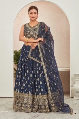 Navy Blue Jacquard Dola Silk Lehenga Choli Set