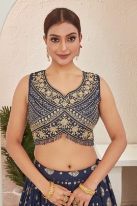 Navy Blue Jacquard Dola Silk Lehenga Choli Set