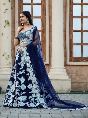 Navy Blue Kasturi Silk Georgette Lehenga With Sequence Work