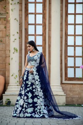 Navy Blue Kasturi Silk Georgette Lehenga With Sequence Work