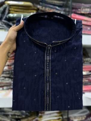 Navy Blue Party Wear Silk Kurta With Cotton Pajama