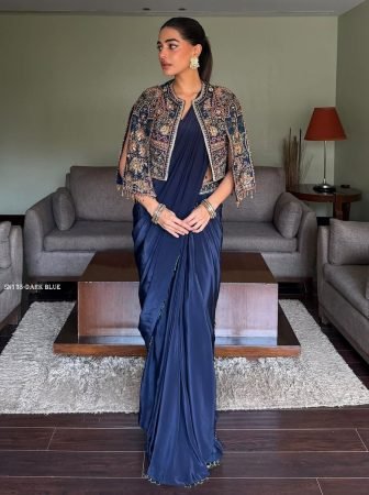 Navy Blue Silk Lehenga Saree with Embroidered Jacket