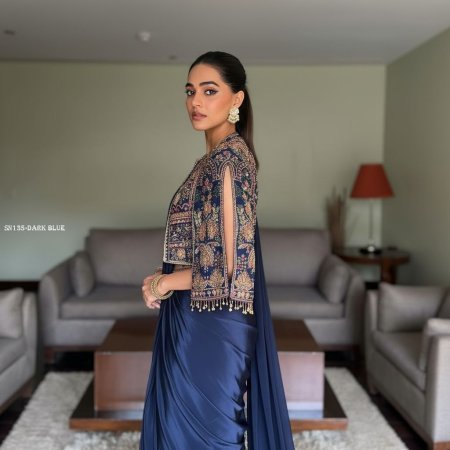 Navy Blue Silk Lehenga Saree with Embroidered Jacket
