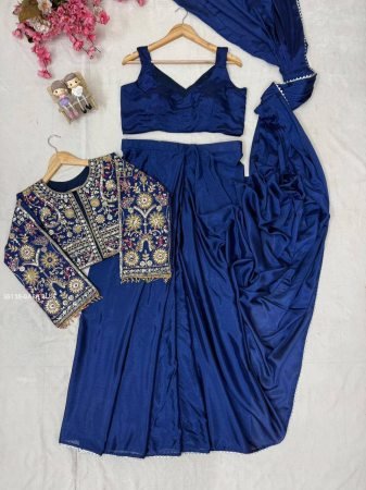 Navy Blue Silk Lehenga Saree with Embroidered Jacket