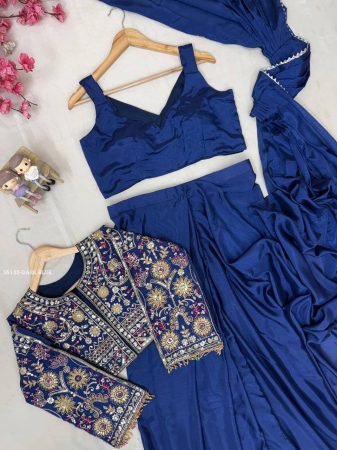 Navy Blue Silk Lehenga Saree with Embroidered Jacket