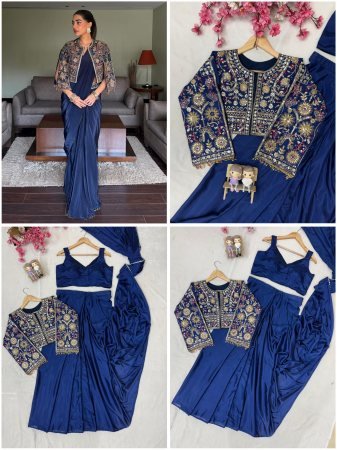 Navy Blue Silk Lehenga Saree with Embroidered Jacket