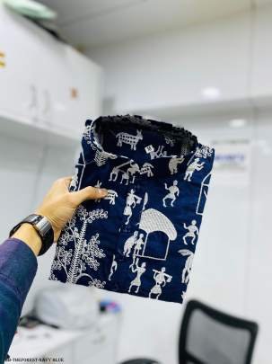 Navy Blue The Forest Fancy Printed Mens Kurta With Payjama