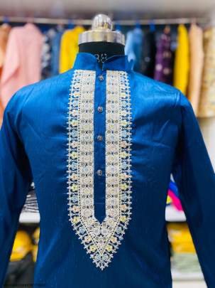 Nevy Blue Aabhushan Silk Men Kurta With Payjama