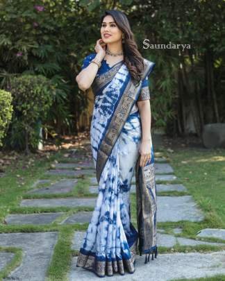 Nevy Blue Dola Silk Saree With Shibori Printed Work