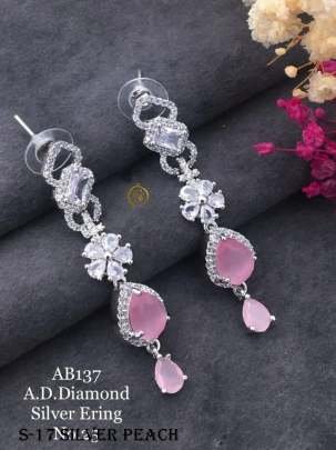 New AD Diamond Flower Design Silver Peach Earrings