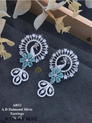 New Arrival AD Diamond Peacock Design Silver Sky Blue Earrings
