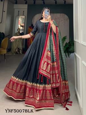 New Arrival Black Color Print With Foil Print Tussar Silk Gown