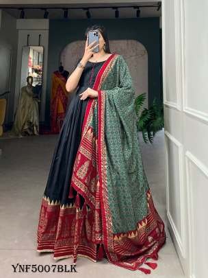 New Arrival Black Color Print With Foil Print Tussar Silk Gown