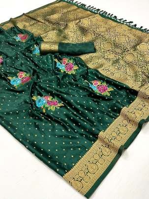 New Arrival Branded Dark Green Floral Printed Satin Silk Saree For Women