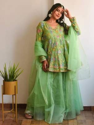 New Arrival Fancy Tabby Organza Alia Cut Sharara Suits