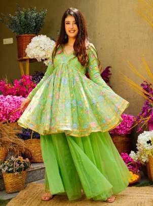 New Arrival Fancy Tabby Organza Alia Cut Sharara Suits