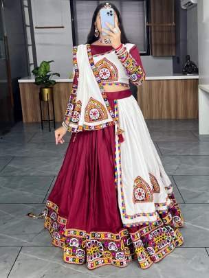 New Arrival Gamthi Patch Work Maroon And White Chaniya Choli