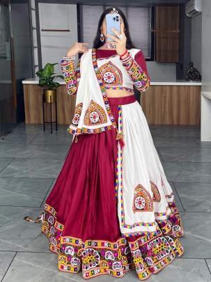 New Arrival Gamthi Patch Work Maroon And White Chaniya Choli