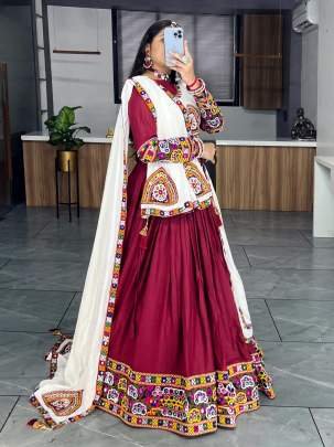 New Arrival Gamthi Patch Work Maroon And White Chaniya Choli