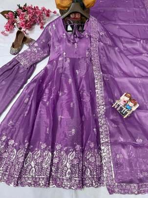 New Arrival Jimmy Choo Purple Embroidery Work Anarkali Suit