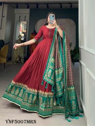 New Arrival Maroon Color Print With Foil Print Tussar Silk Gown