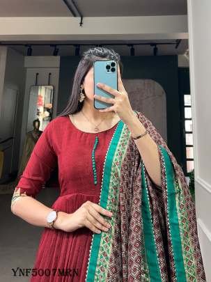 New Arrival Maroon Color Print With Foil Print Tussar Silk Gown