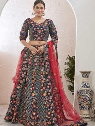 New Arrival Navy Blue Semi Stitched Jute Silk Lehenga choli