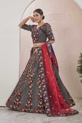 New Arrival Navy Blue Semi Stitched Jute Silk Lehenga choli