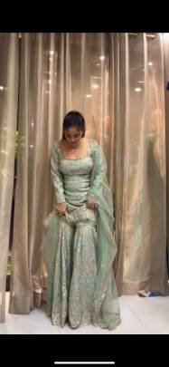 New Arrival Pastel Mint Georgette Ready Made Sharara Suit