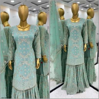 New Arrival Pastel Mint Georgette Ready Made Sharara Suit
