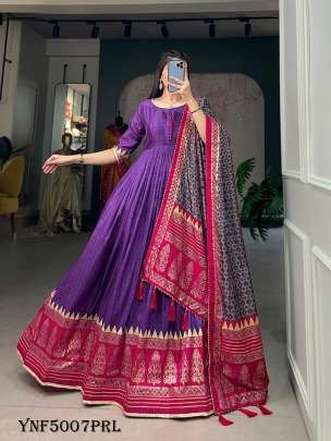New Arrival Purple Color Print With Foil Print Tussar Silk Gown